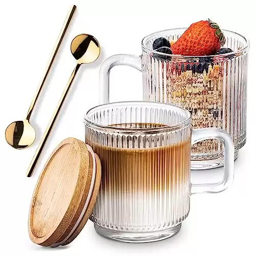 Combler Clear Glass Coffee Mugs With Lids And Spoons (Set Of 2)