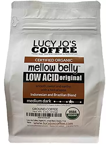 Lucy Jo'S Coffee Roastery Organic Mellow Belly Low Acid Ground Coffee Blend